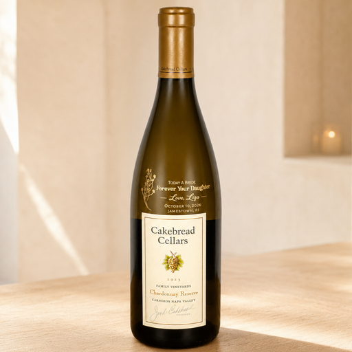 A bottle of Cakebread Cellars Family Vineyard Chardonnay Reserve from Carneros Sonoma Valley, standing on a light wooden table in a warm, softly lit interior setting.