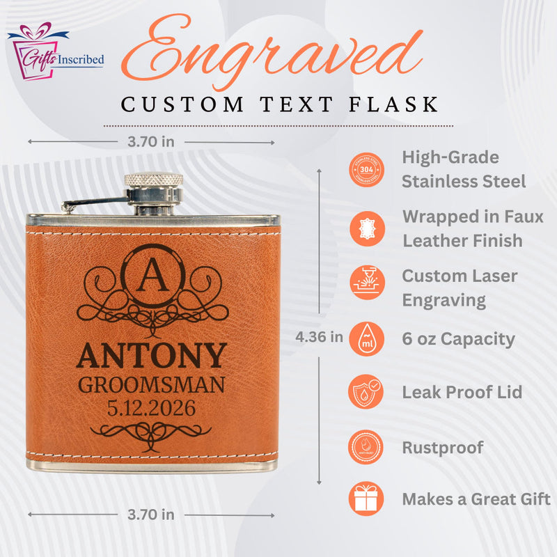 Custom engraved flask with leather finish and laser engraving, featuring product details on a light gray background.