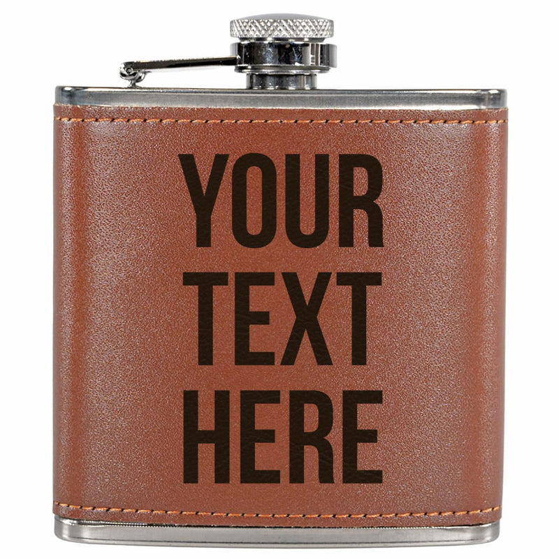 Brown leather flask with 'YOUR TEXT HERE' text on a white background