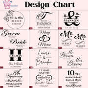 Design chart with various wedding and anniversary-themed monogram designs.