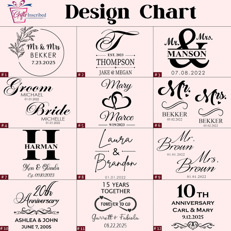 Design chart with various wedding and anniversary-themed monogram designs.