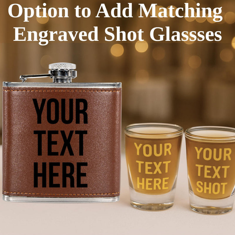 Brown leather flask with 'Your Text Here' text, two shot glasses with customizable text, and option to add engraved shot glasses.