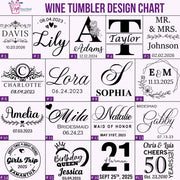 Wine tumbler design chart with various personalized text designs.
