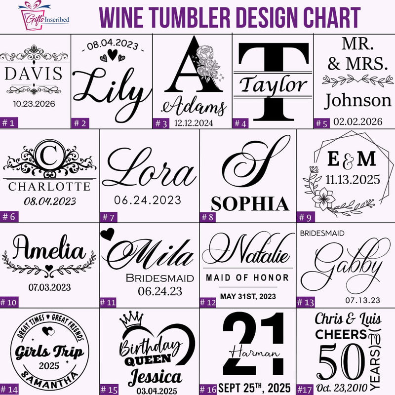 Wine tumbler design chart with various personalized text designs.