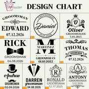Design chart for personalized groomsman gifts with various styles and names.