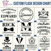 Custom flask design chart with various groomsman designs and names.