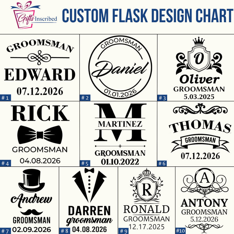 Custom flask design chart with various groomsman designs and names.