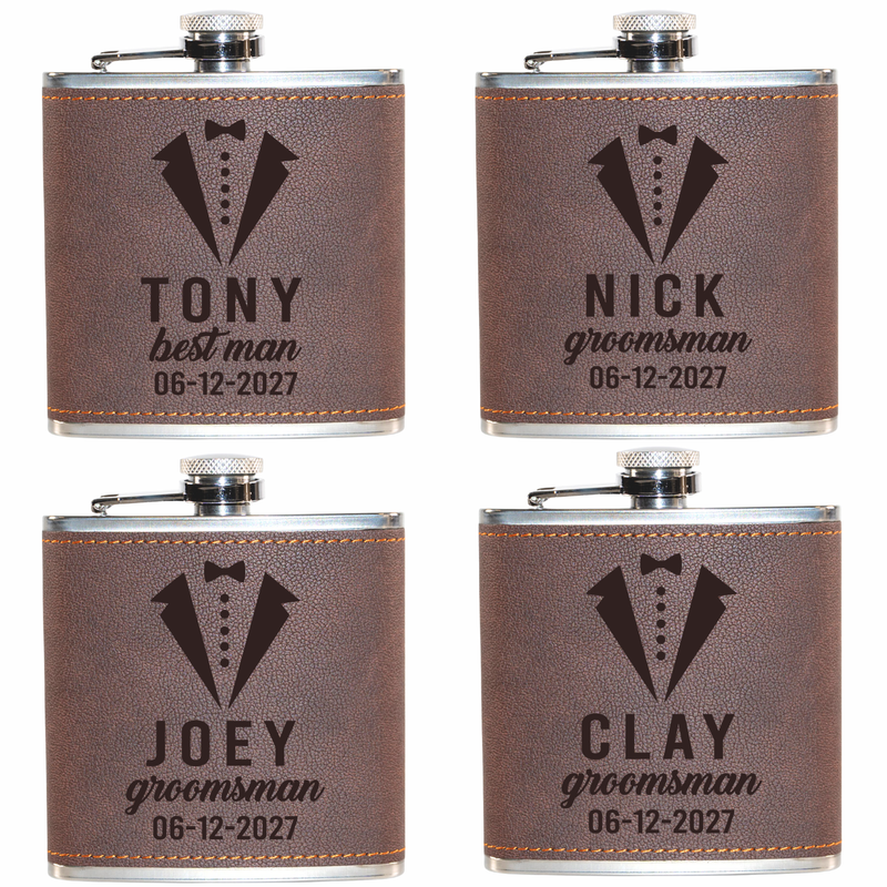Personalized Leather Hip Flask Set | Custom Engraved 6oz Stainless Steel Flask