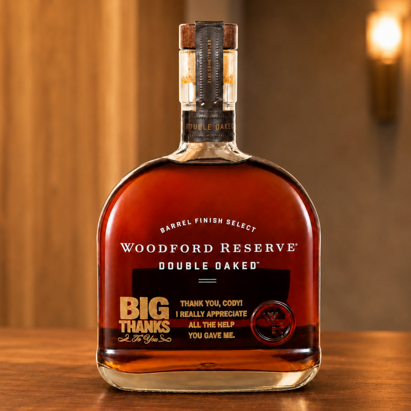 A bottle of Woodford Reserve Double Oaked bourbon whiskey on a wooden surface with a warm, blurred background. The bottle is filled with amber liquid and features a black label with gold and white text.