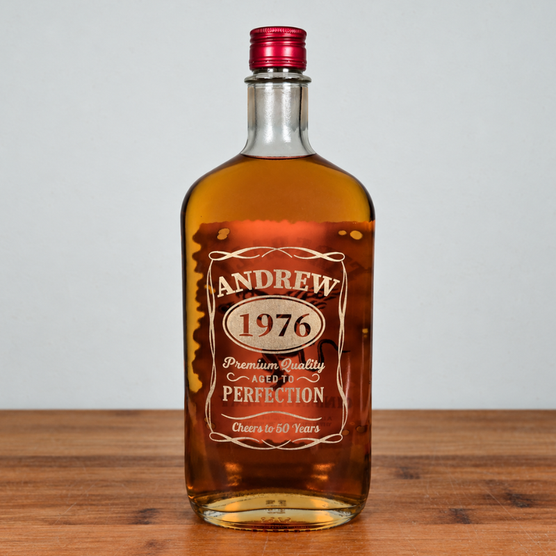 A clear glass bottle of amber liquor with a red cap and a vintage-style cream label reading 'ANDREW 1976 Premium Quality Aged to Perfection', standing on a wooden surface against a light gray background.