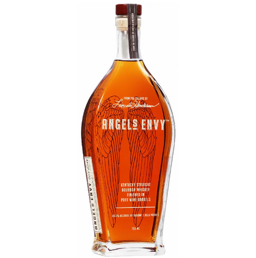 Bottle of Angels Envy bourbon whiskey on a white background