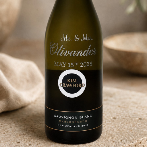 A dark green wine bottle with a black label featuring personalized text for 'Mr. & Mrs.