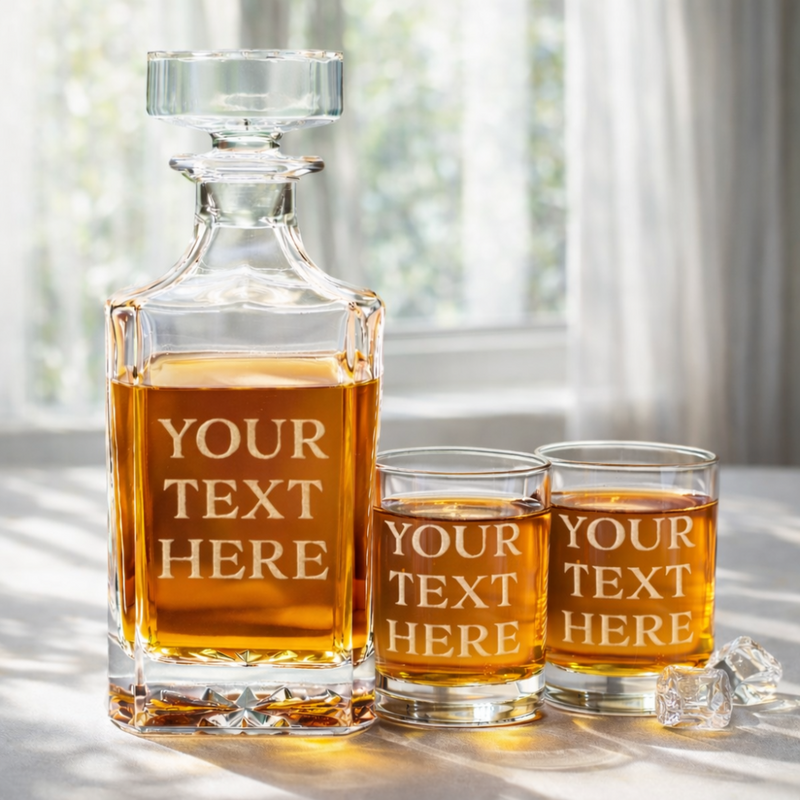 Whiskey decanter and glasses with 'Your Text Here' text on a light background