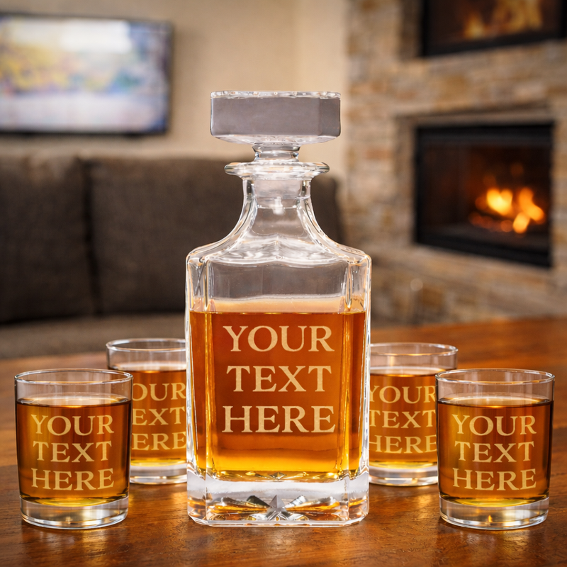 Custom Text Whiskey Decanter & 4 Glasses Set