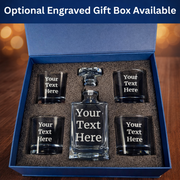 Glass decanter set with four glasses in a blue box, customizable text on glassware.