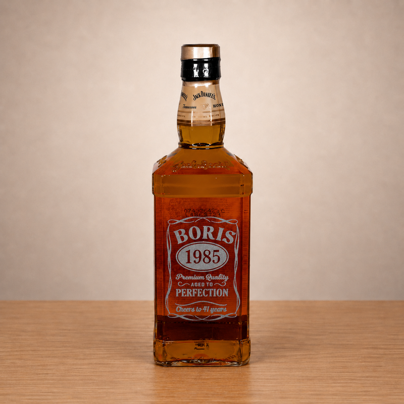 A bottle of Boris 1985 cognac liqueur on a light wooden table against a neutral beige background.