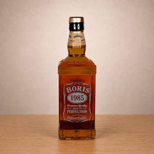 A bottle of Boris 1985 cognac liqueur on a light wooden table against a neutral beige background.