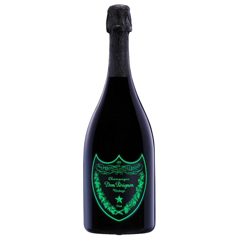 Dom Perignon Brut Luminous Champagne bottle with green label on a white background