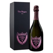 Bottle of Dom Perignon Rose champagne with packaging on a white background