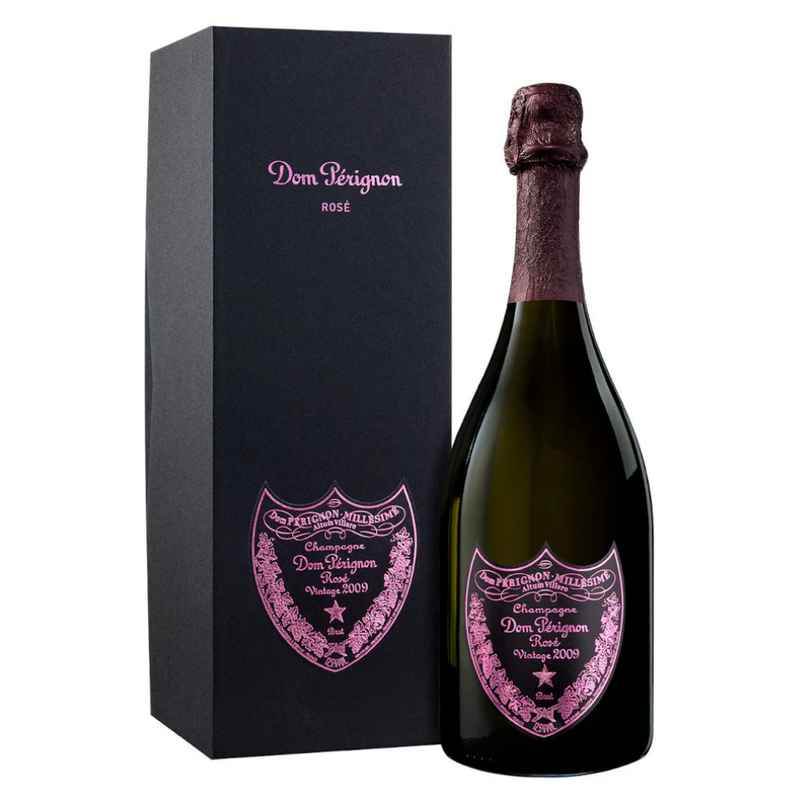 Bottle of Dom Perignon Rose champagne with packaging on a white background