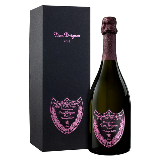 Bottle of Dom Perignon Rose champagne with packaging on a white background