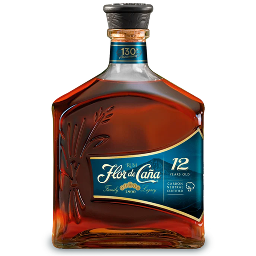 Flor de Caña 12 year rum bottle on a white background