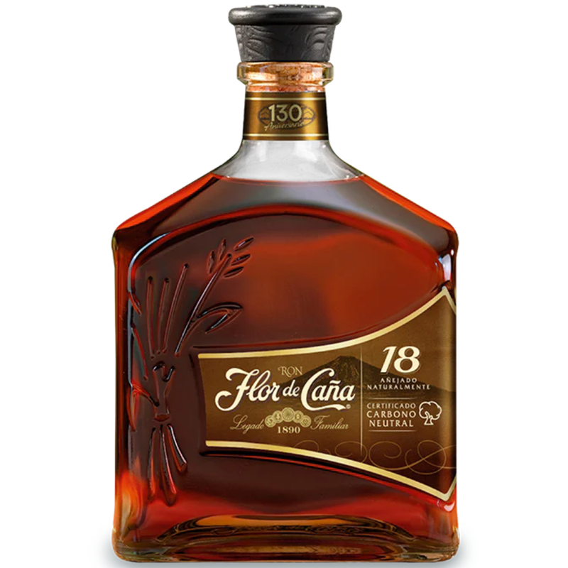 Flor de Caána 18-year-old rum bottle on a white background