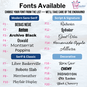 List of available fonts for engraving with decorative elements.