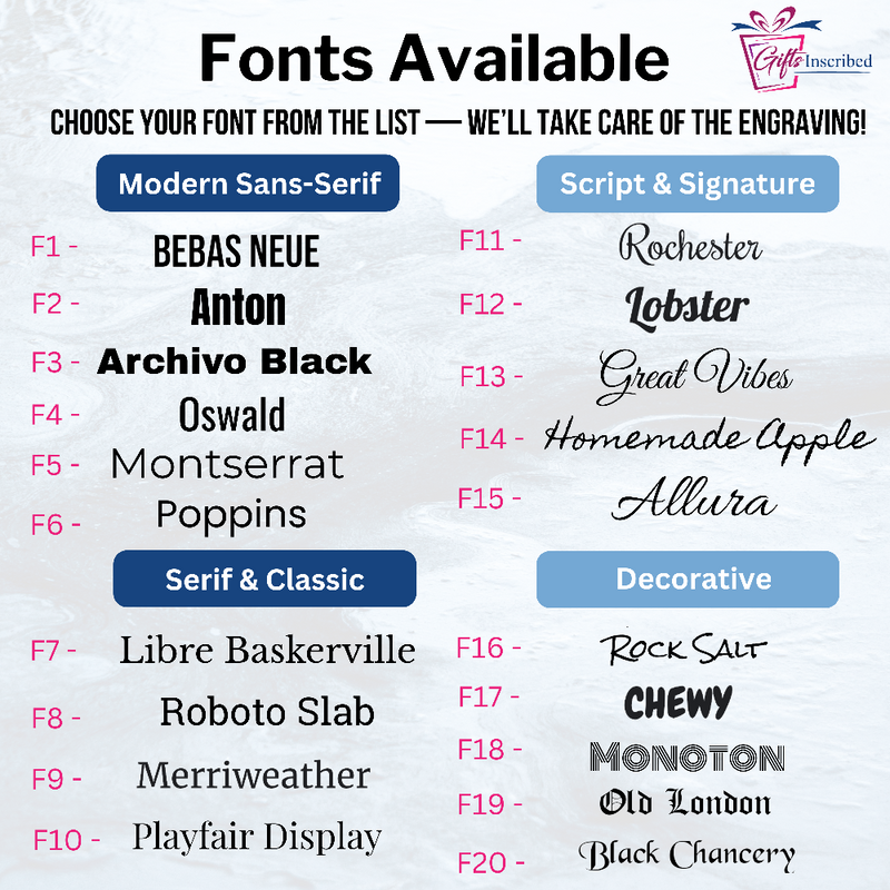 List of available fonts for engraving with decorative elements.
