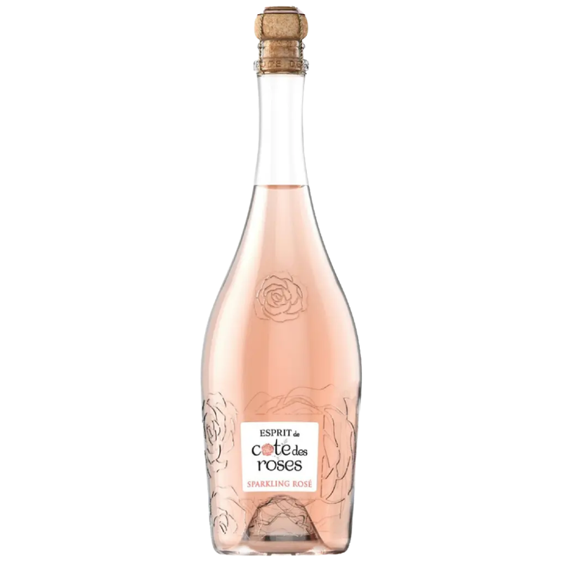 Bottle of Esprit de Cote des Roses sparkling rose wine on a white background