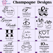 Design chart for personalized monograms and names with various styles and text examples.