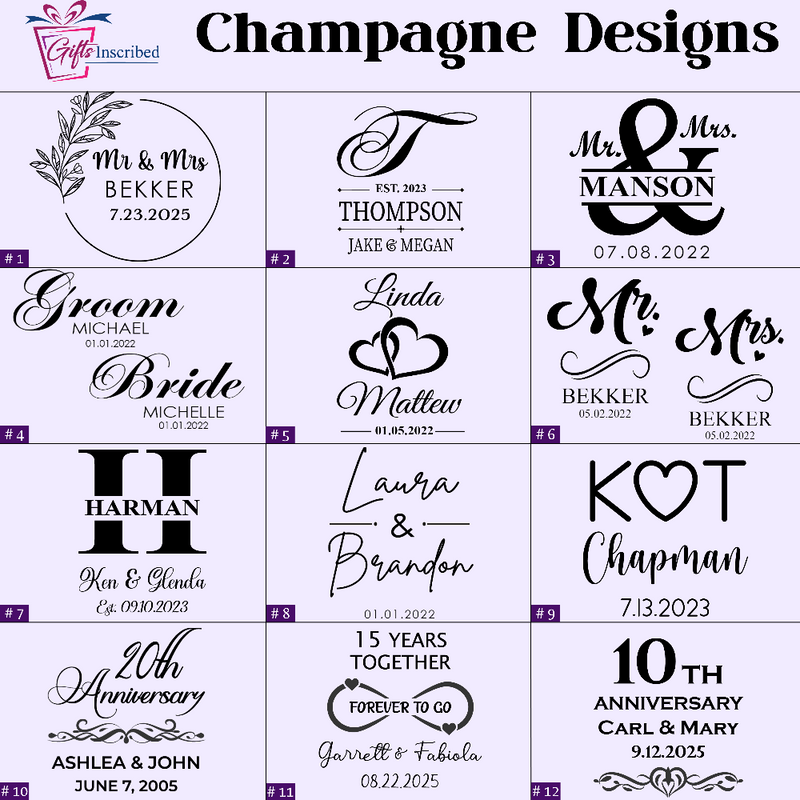 Design chart for personalized monograms and names with various styles and text examples.
