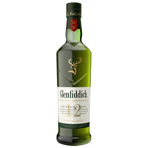Glenfiddich 12-year-old whisky bottle on a white background
