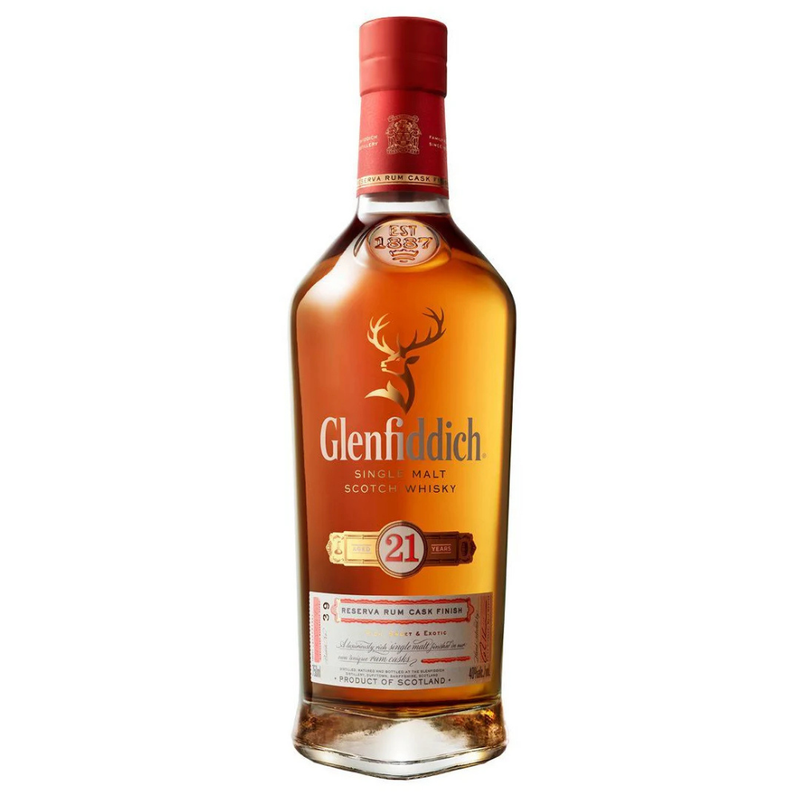 Glenfiddich 21-year-old whisky bottle on a white background
