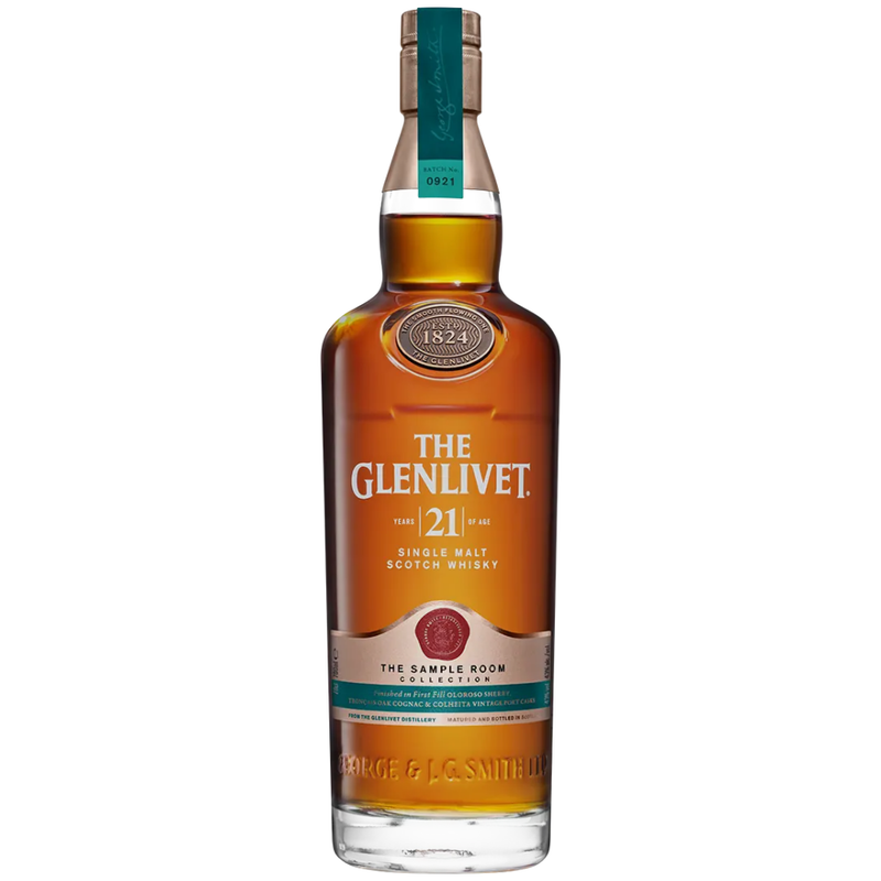 Bottle of The Glenlivet 21-year-old single malt Scotch whisky on a white background