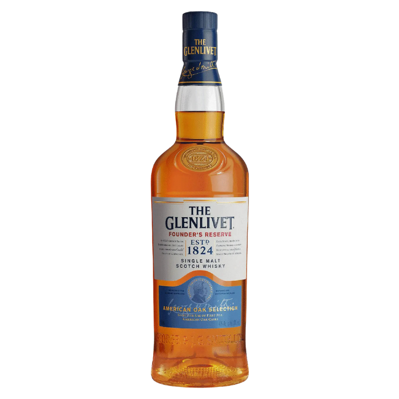 Bottle of The Glenlivet Founder's Reserve whisky on a white background