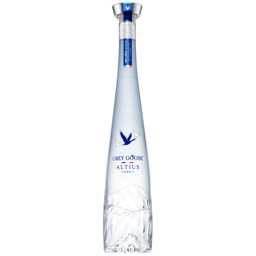 Clear bottle of Grey Goose Altius vodka on a white background