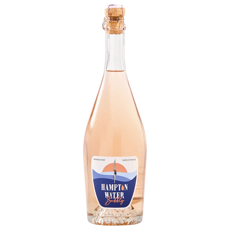 Bottle of Hampton Water Bubbly with cork cap on a white background