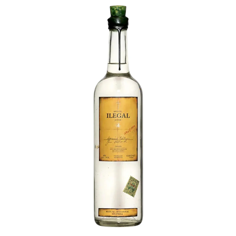 Bottle of Illegal liquor with a gold label on a white background