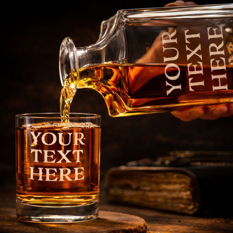 Glass of whiskey being poured from a decanter with 'Your Text Here' engraving on a wooden surface.