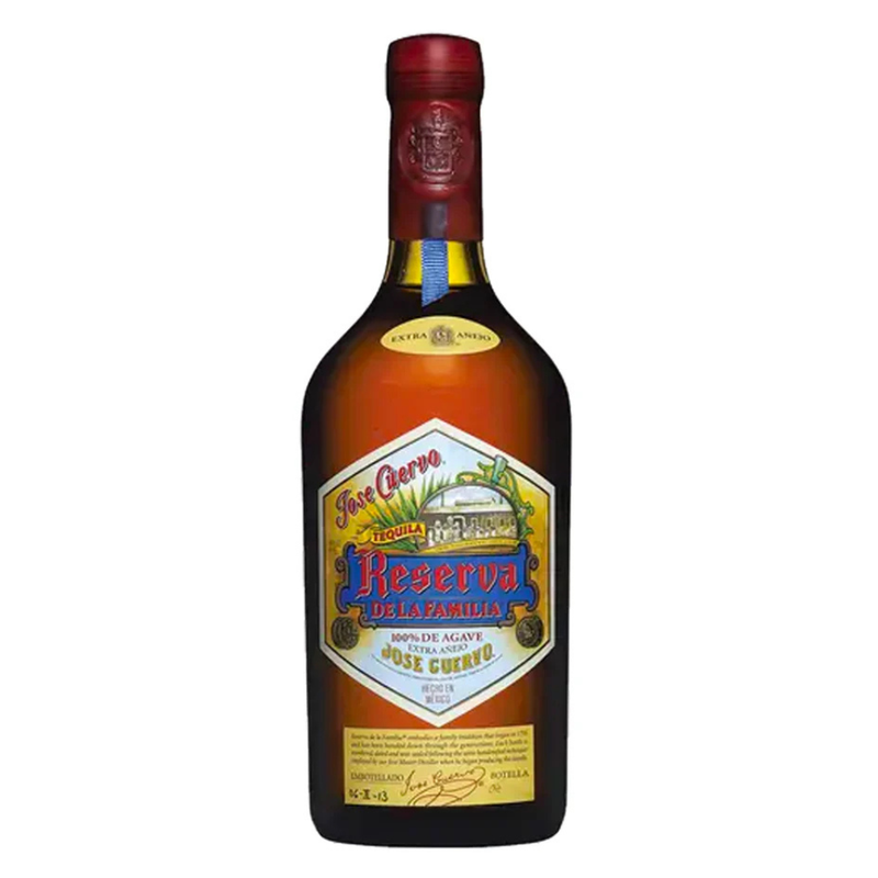 Bottle of Reserva del Familia tequila on a white background