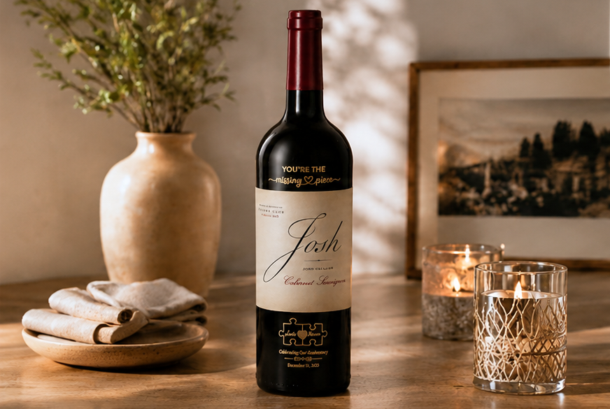Red wine bottle labeled 'Joshi' on a wooden table with candles and decor.