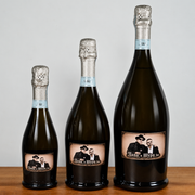 Three dark glass champagne bottles of different sizes arranged by height on a wooden surface against a light gray background. Each bottle has a custom vintage-style label featuring a black-and-white portrait of a man and woman with the text 'Mama & Sypia'.