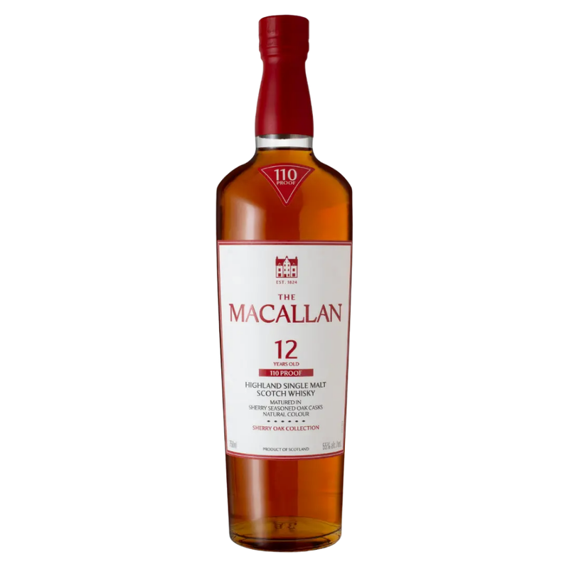Macallan 12 Year Sherry Oak Single Malt Scotch Whisky bottle on a white background