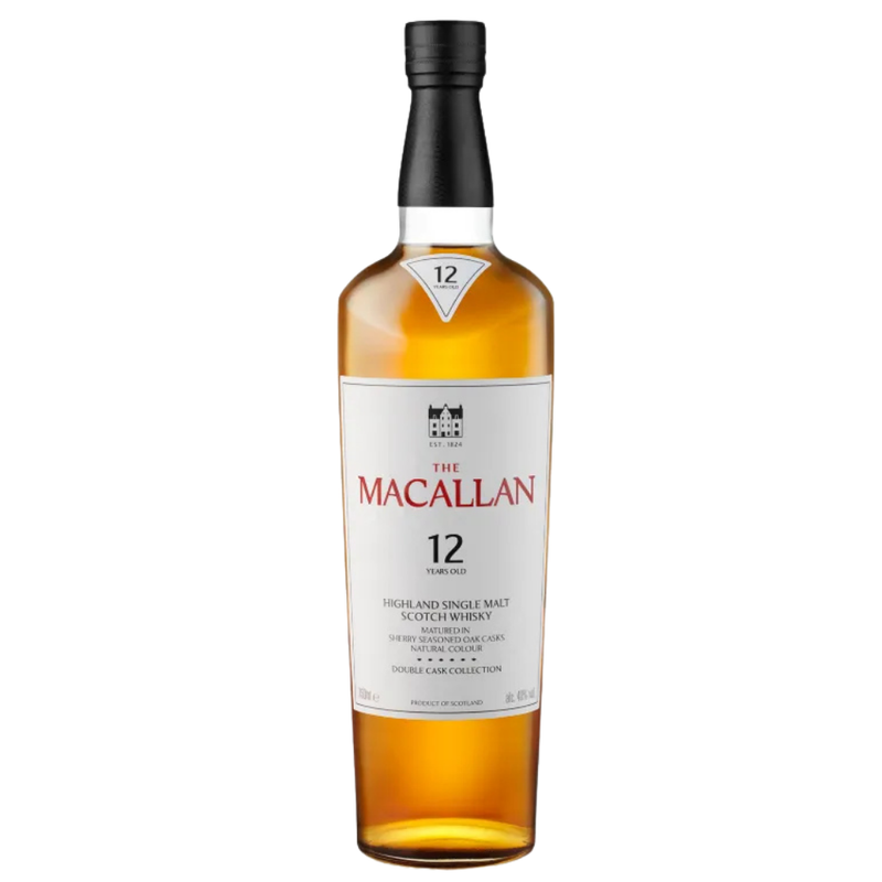 The Macallan 12-year-old whisky bottle on a white background