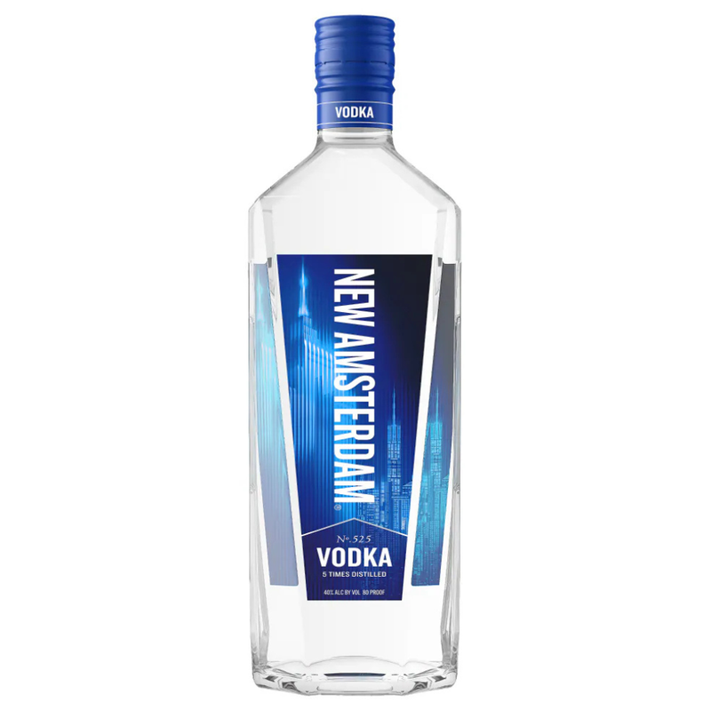 New Amsterdam Vodka bottle with blue label on a white background