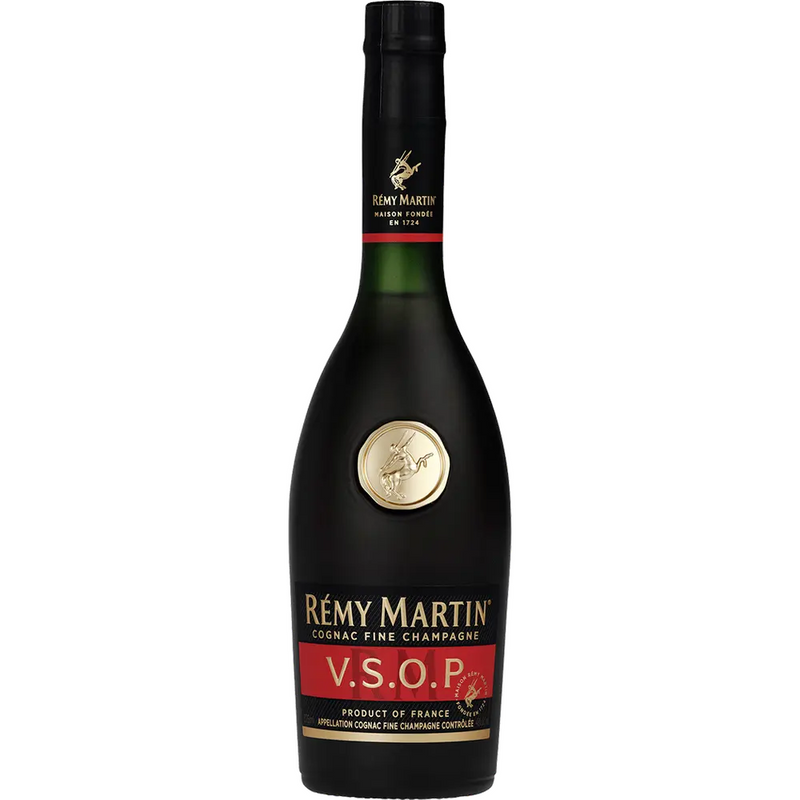 Remy Martin VSOP cognac bottle on a white background
