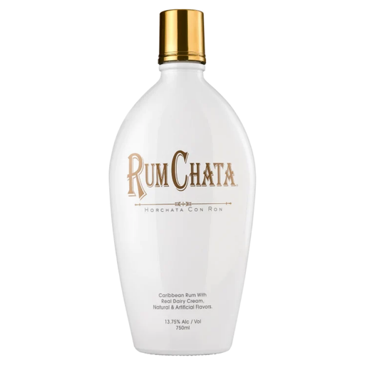Rum Chata bottle with gold cap on a white background