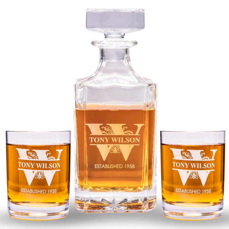Engraved Whiskey Decanter Set with 2 Glasses