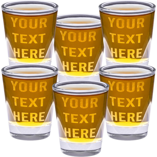 Set of six shot glasses with 'Your Text Here' text on a white background